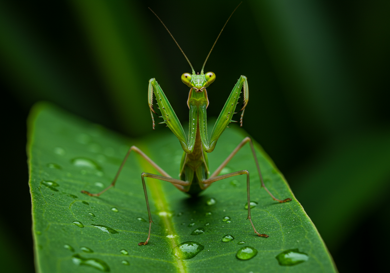 Green Praying Mantis Macro On Wet Leaf With Water Droplets