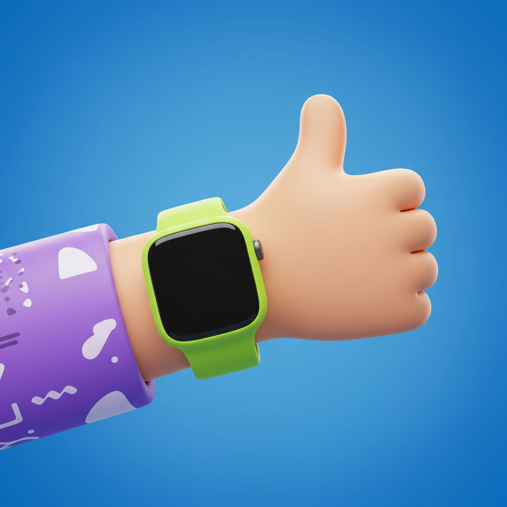Green Smartwatch On 3D Cartoon Hand Giving Thumbs Up