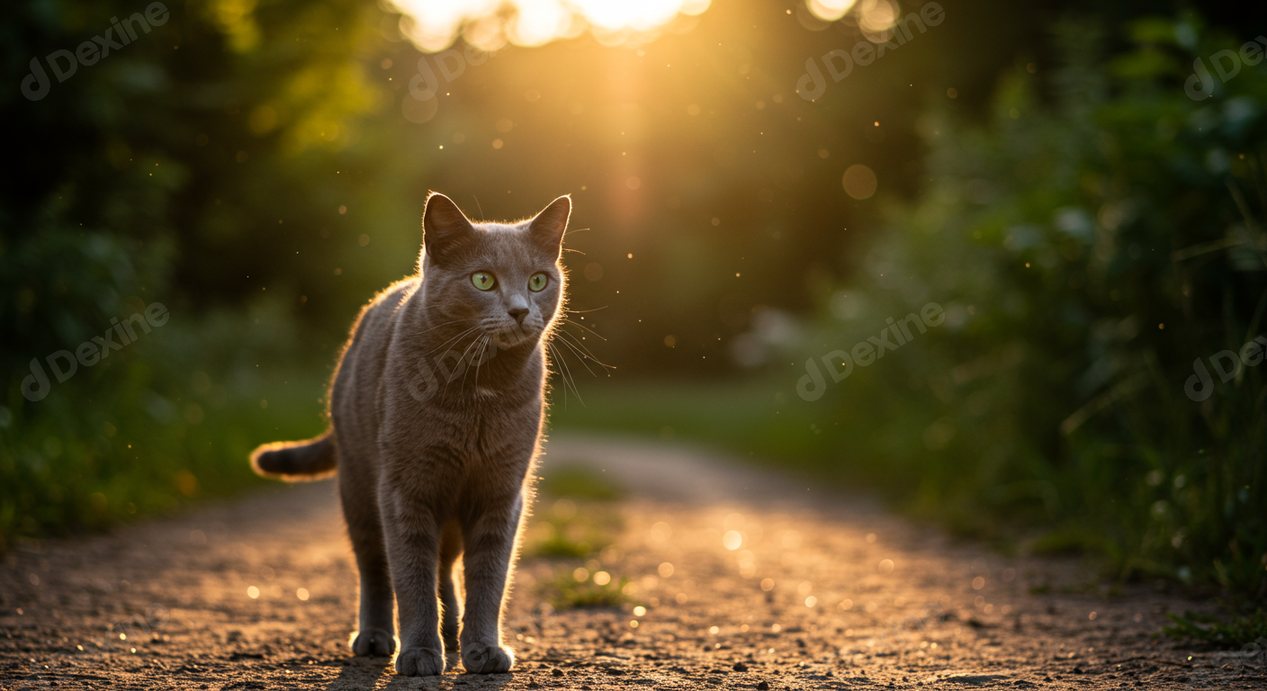 Grey Cat With Green Eyes Bathed In Golden Sunset Light