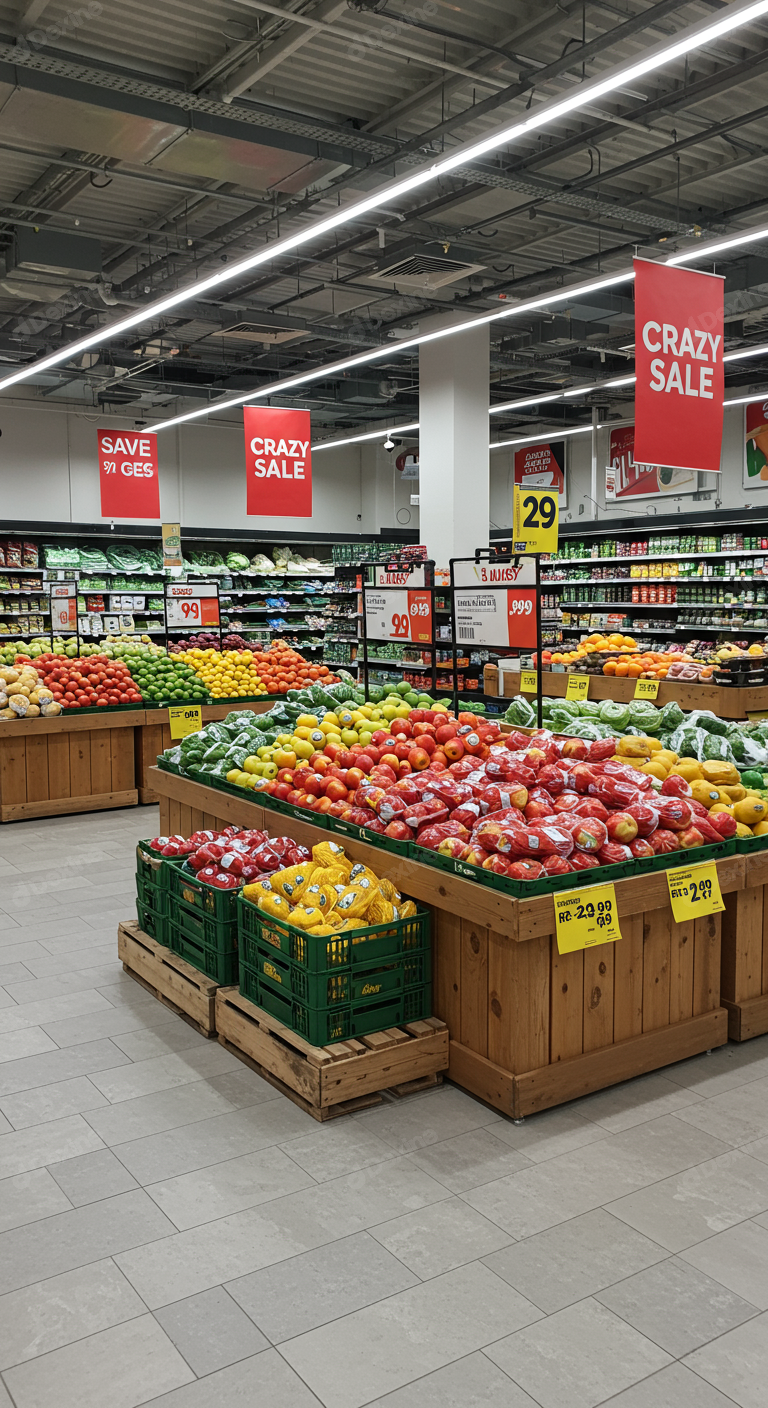 Grocery Store Produce Section With Crazy Sale Signage