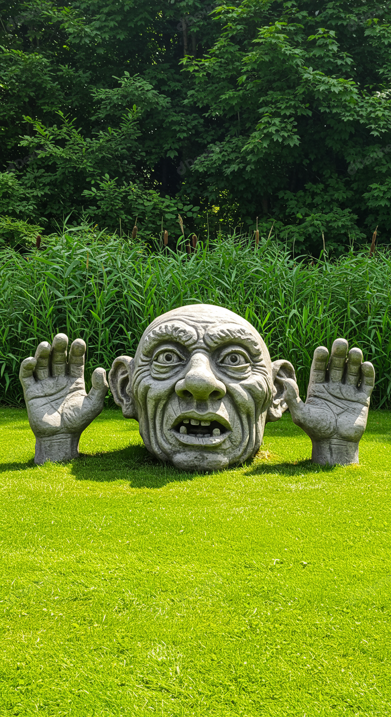 Grotesque Stone Face And Hands Emerge From Vibrant Green Grass