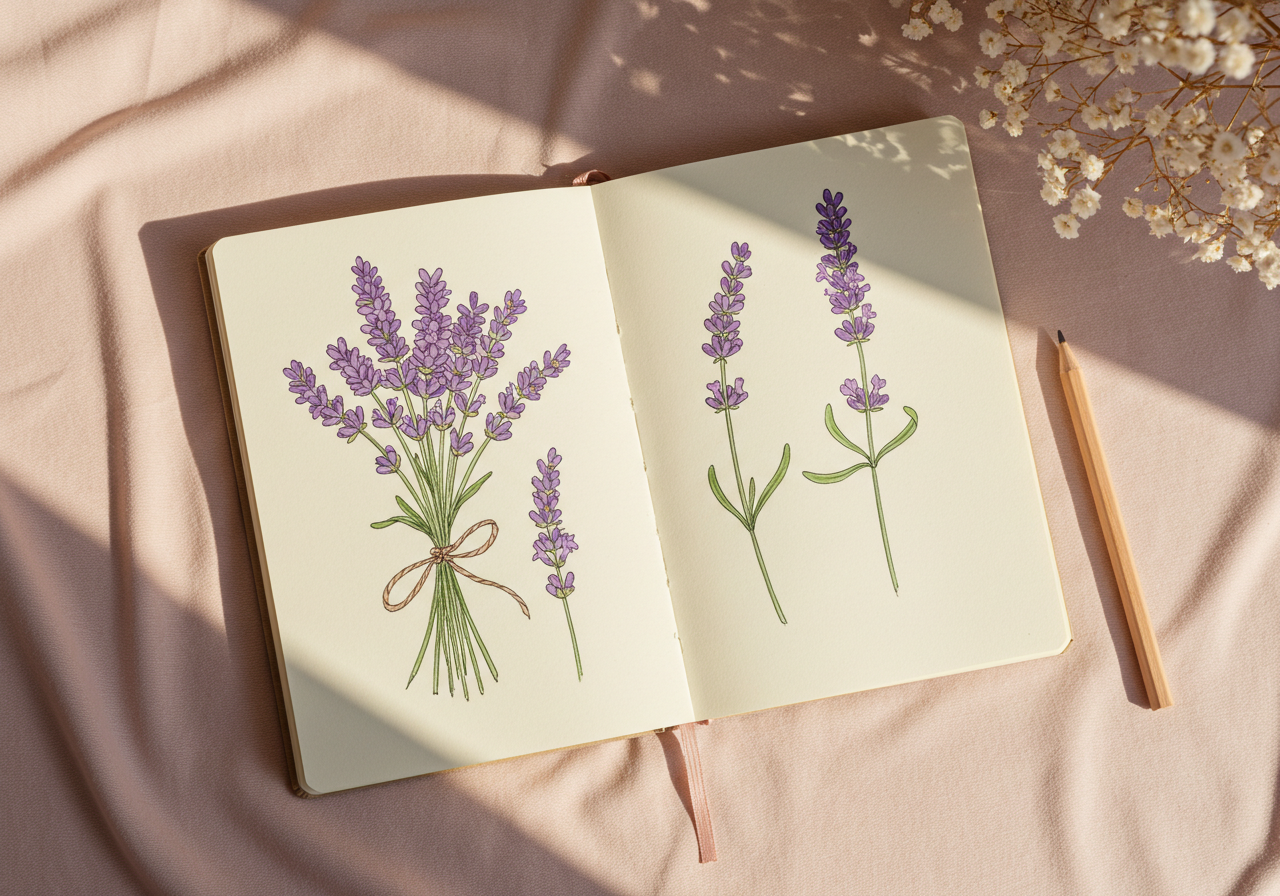 Hand Drawn Lavender Flowers In A Notebook With Sunlight