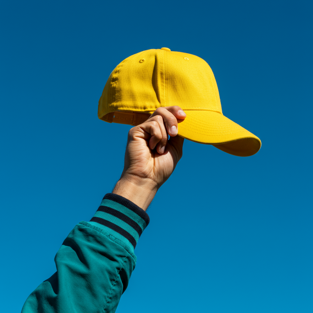 Hand Holding Bright Yellow Baseball Cap Against Blue Sky