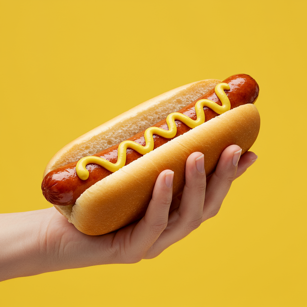 Hand Holding Classic Hot Dog With Mustard On Vibrant Yellow Background