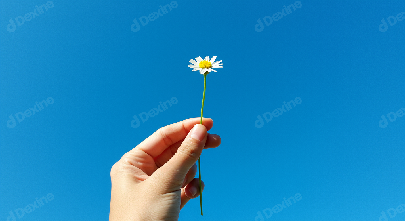 Hand Holding A Fresh Daisy Against Clear Blue Sky