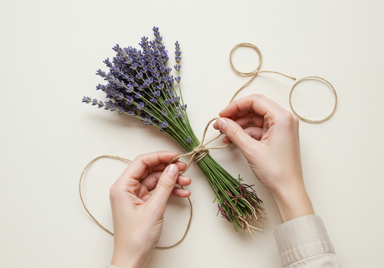 Hands Tying A Fresh Lavender Bouquet With Rustic Twine
