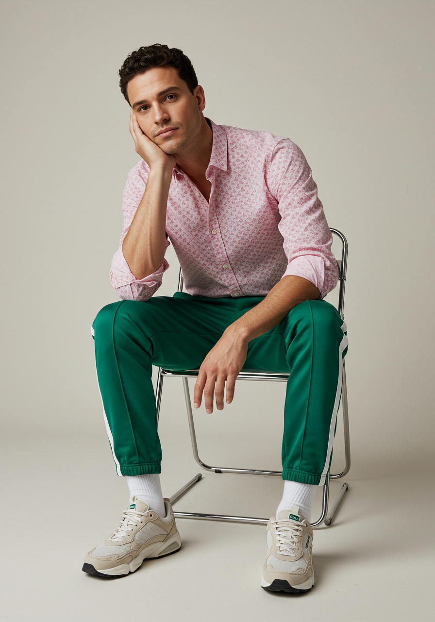 Handsome Young Man In Pink Floral Shirt And Green Track Pants Posing