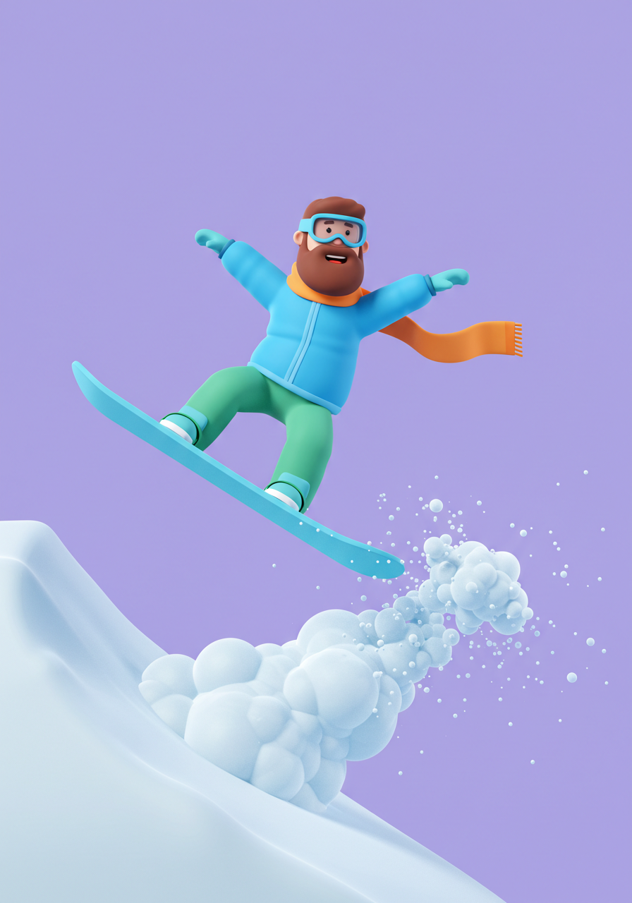 Happy 3D Character Snowboarder Jumping With Snow Splash