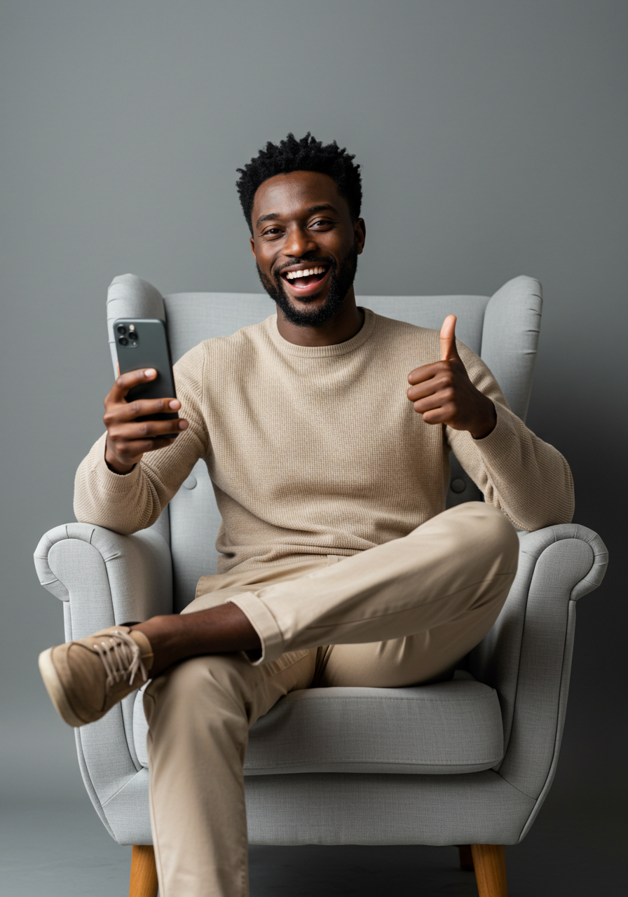 Happy African American Man Giving Thumbs Up With Smartphone