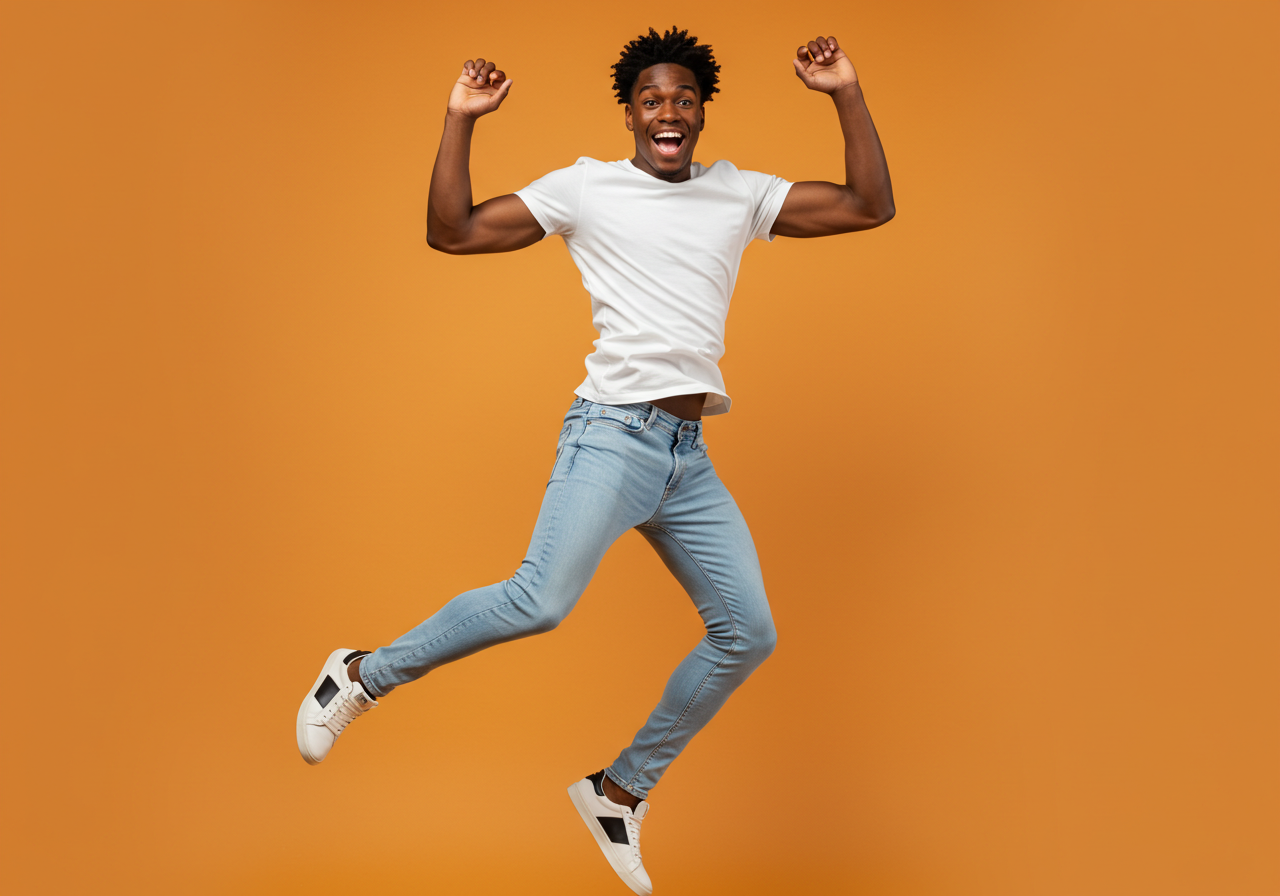 Happy African American Man Jumping With Joy And Excitement