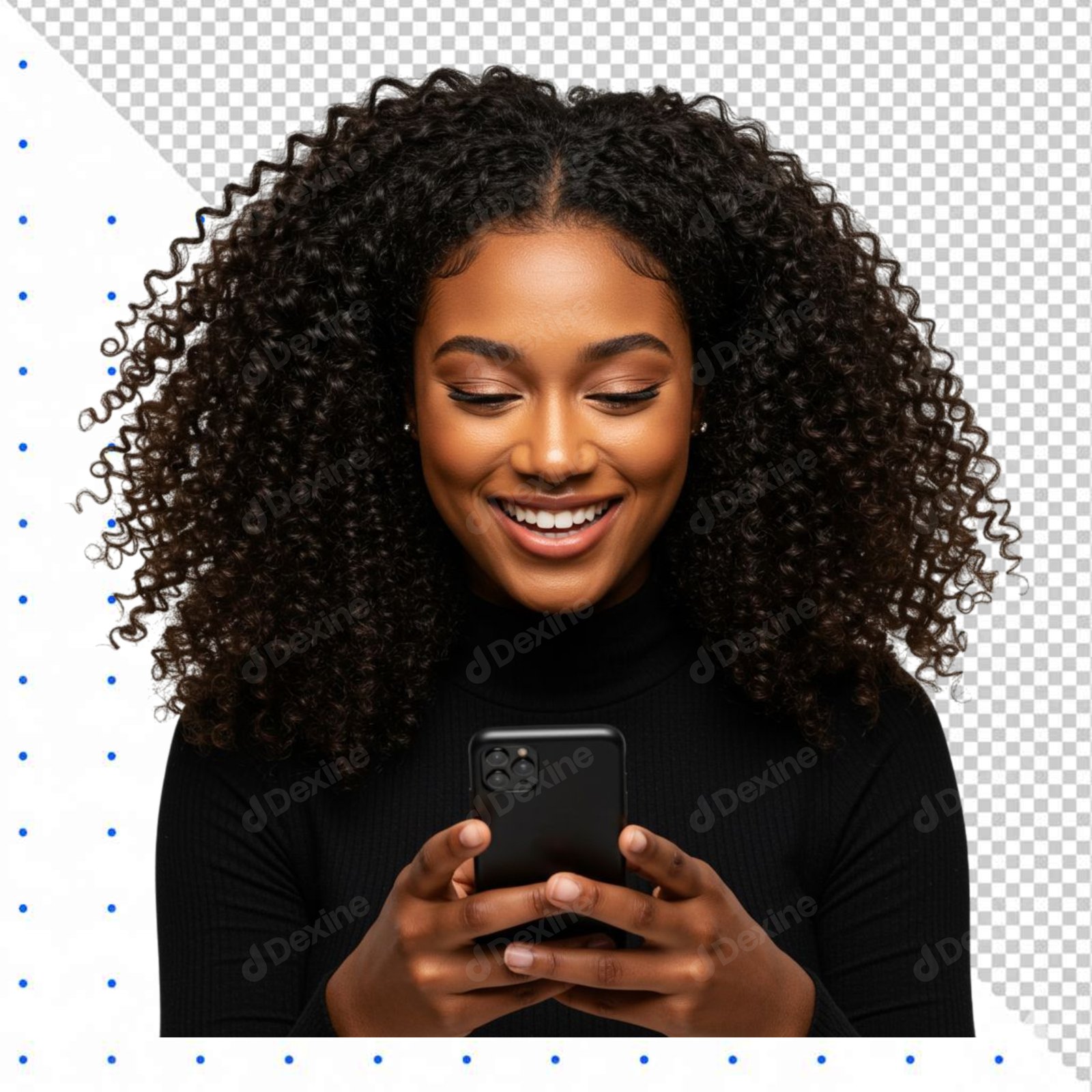 Happy African American Woman Smiling Using Smartphone Cutout Transparent PNG