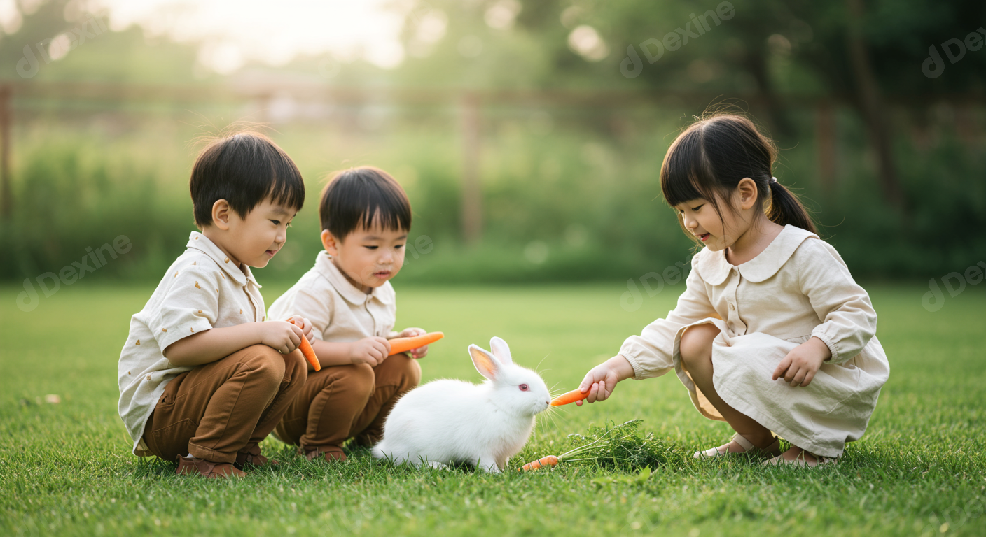 Happy Asian Children Feeding White Rabbit Carrots In Sunny Garden