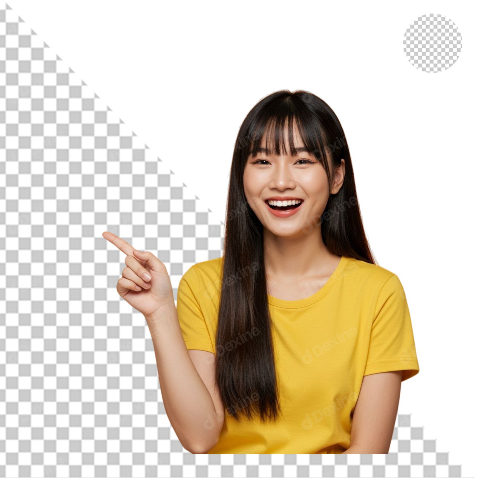 Happy Asian Woman Pointing Left Isolated Transparent PNG Cutout