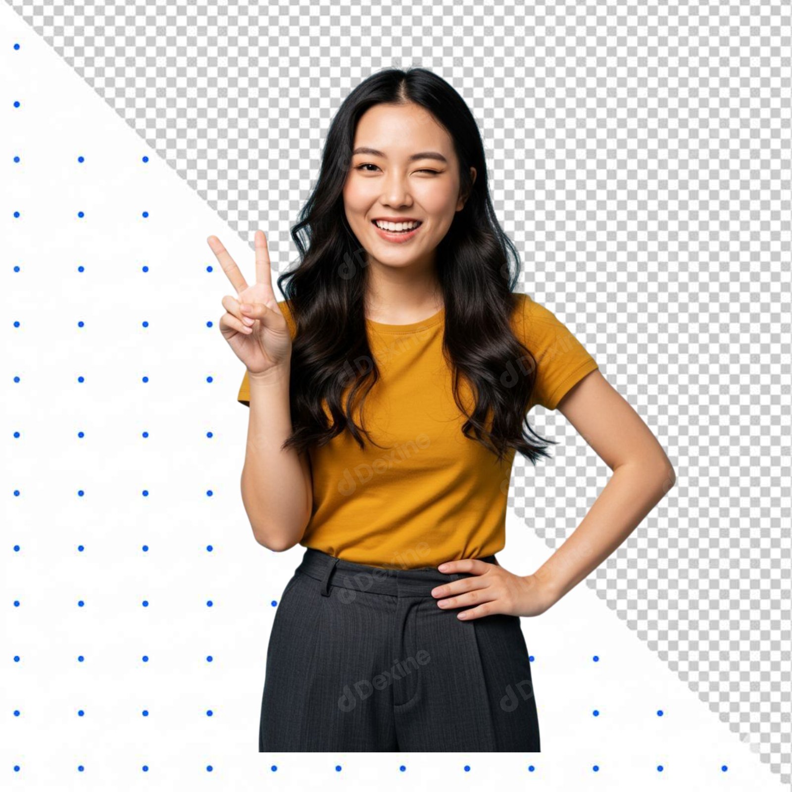 Happy Asian Woman Winking Peace Sign With Transparent Background