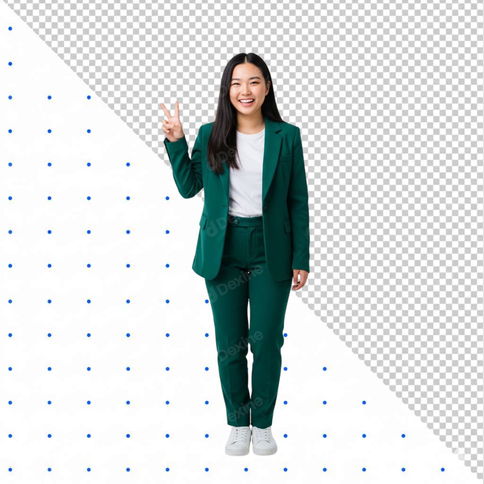 Happy Asian Woman In Green Suit Showing Peace Sign Transparent PNG