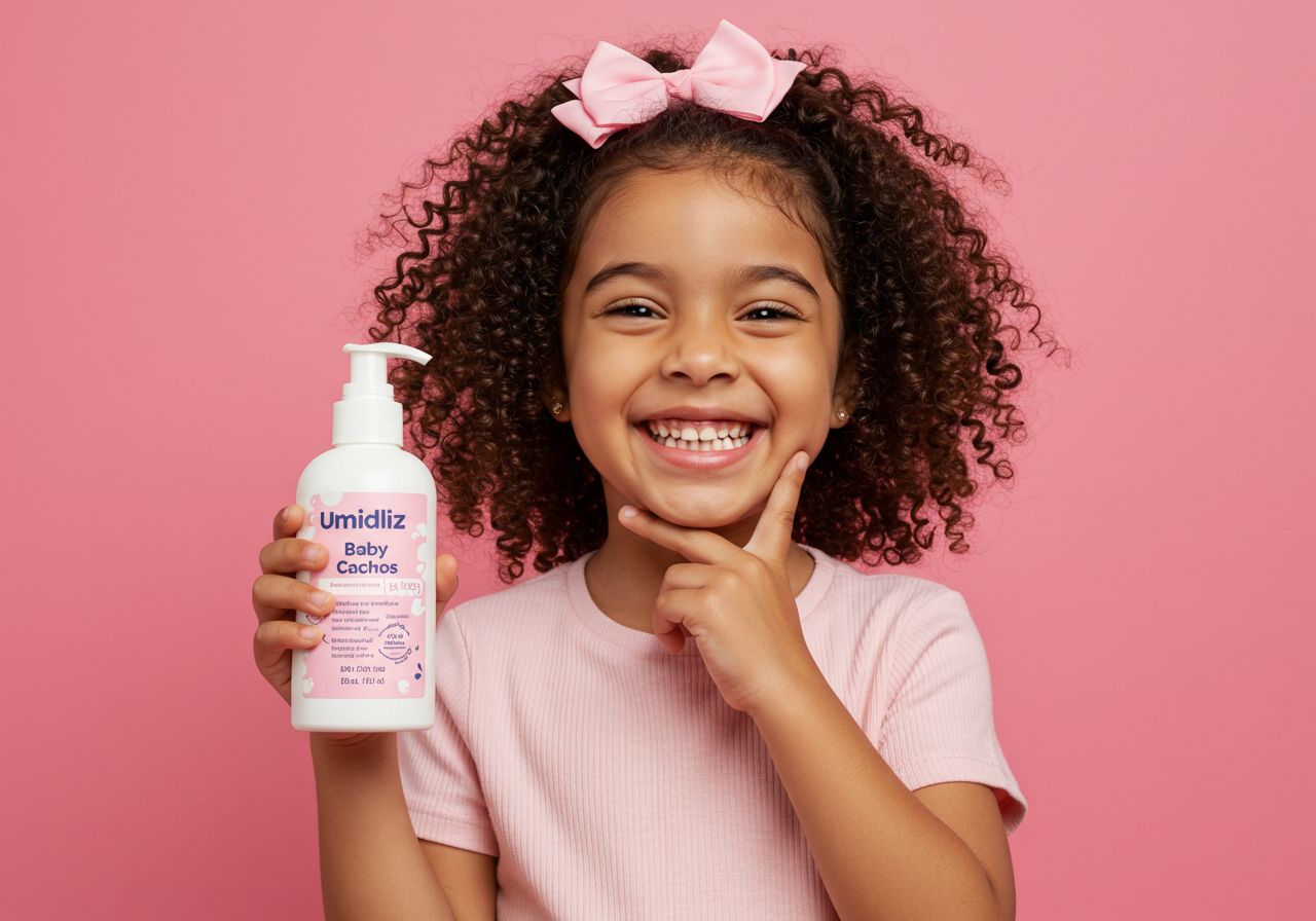Happy Curly Haired Girl Smiling With Baby Hair Product On Pink Background