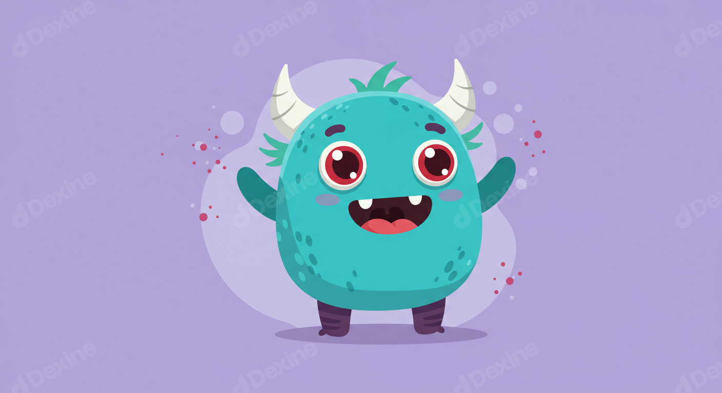Happy Cute Cartoon Monster Character On Purple Background