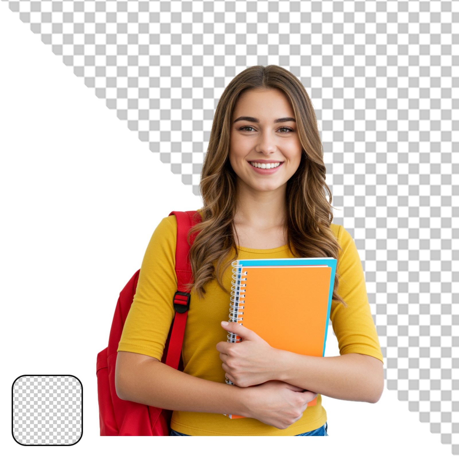 Happy Female Student With Backpack And Books Transparent PNG Cutout