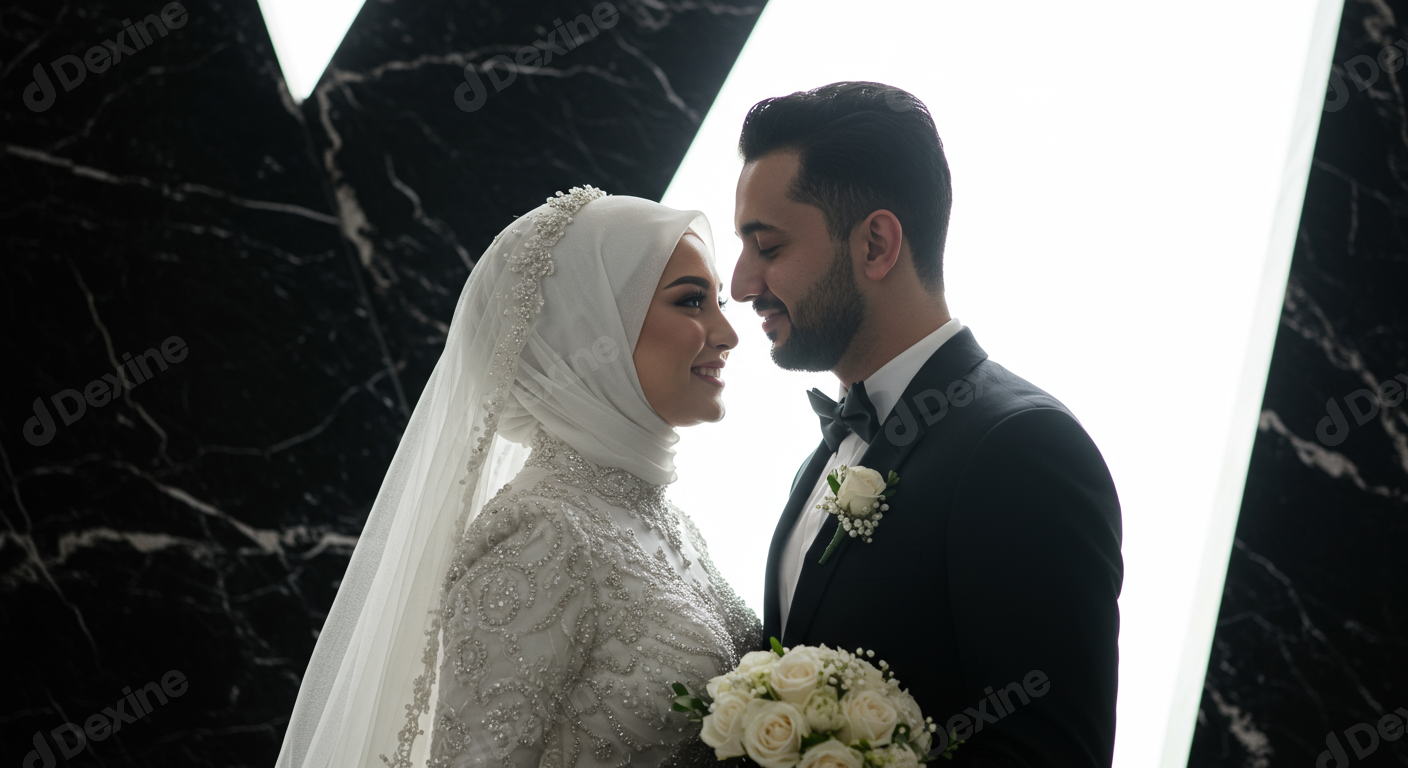 Happy Muslim Bride And Groom On Their Wedding Day With Bouquet