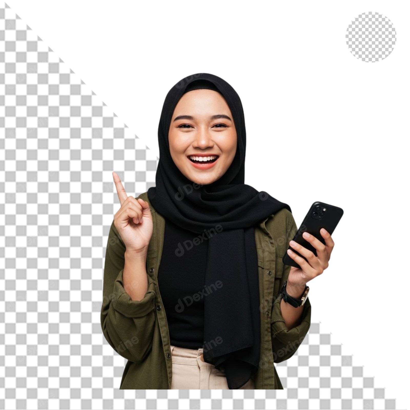 Happy Muslim Woman With Smartphone Pointing Upwards Transparent PNG