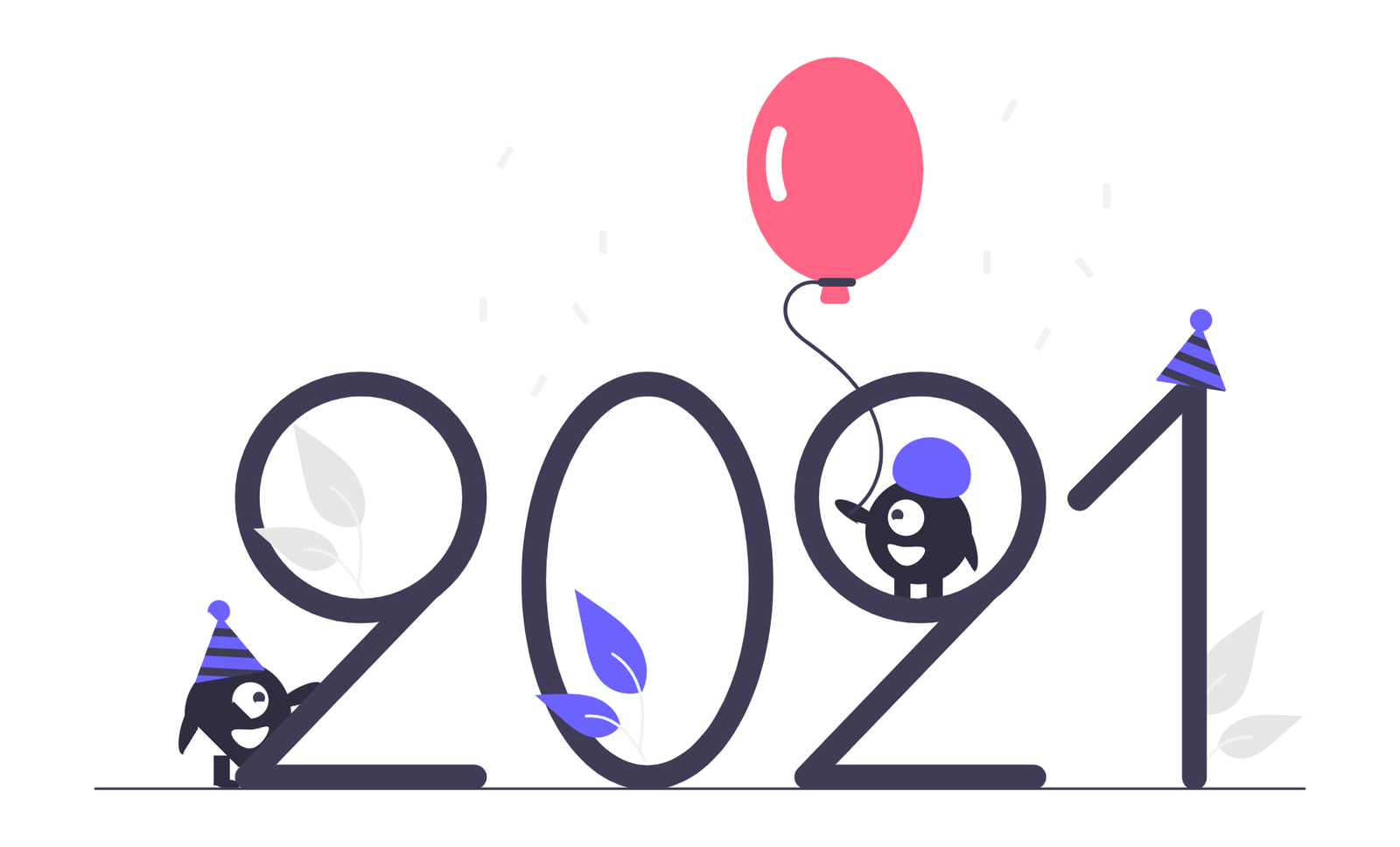 Happy New Year 2021 Celebration With Cute Flat Characters And Balloon