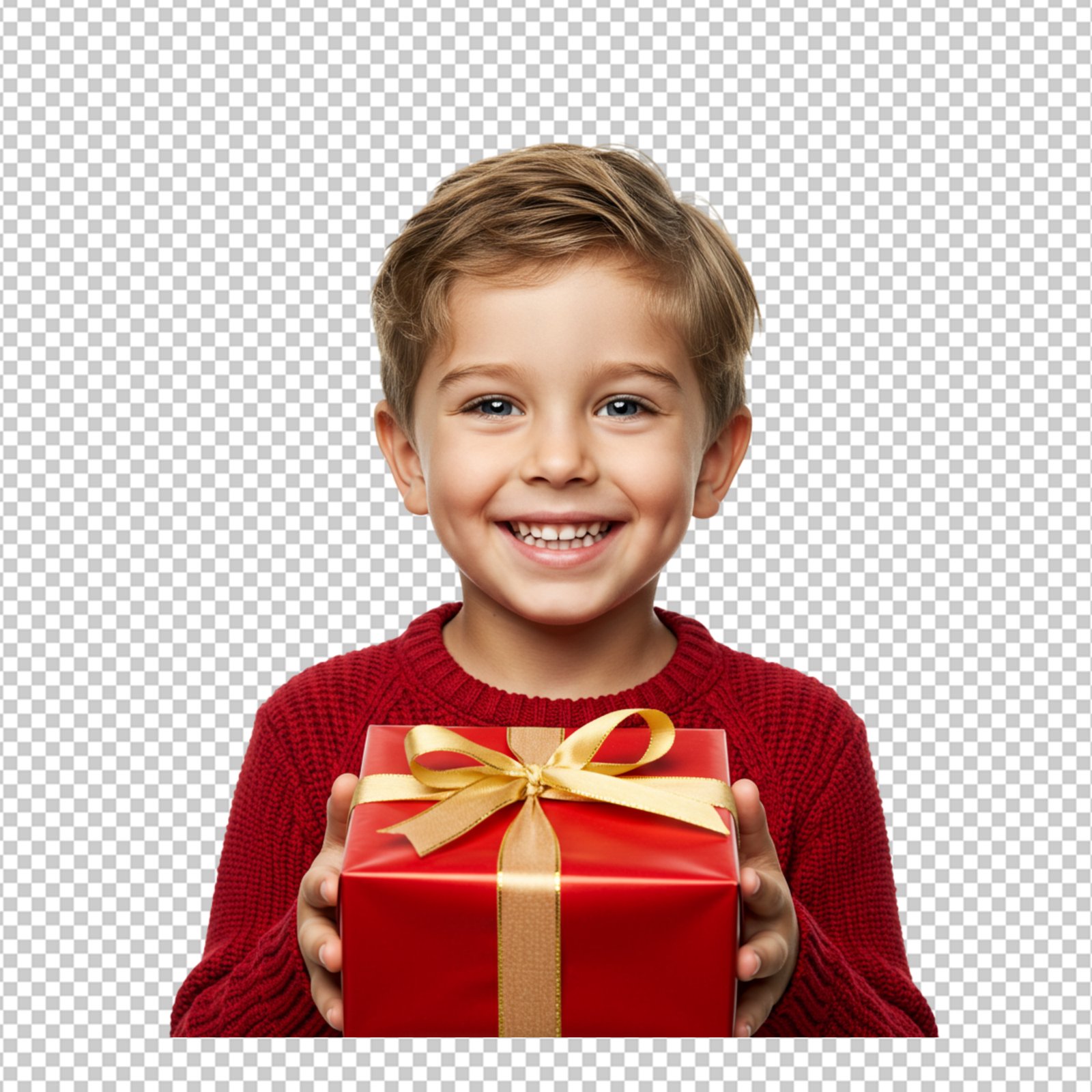 Happy Smiling Boy Holding Red Gift Box Isolated On Transparent Background