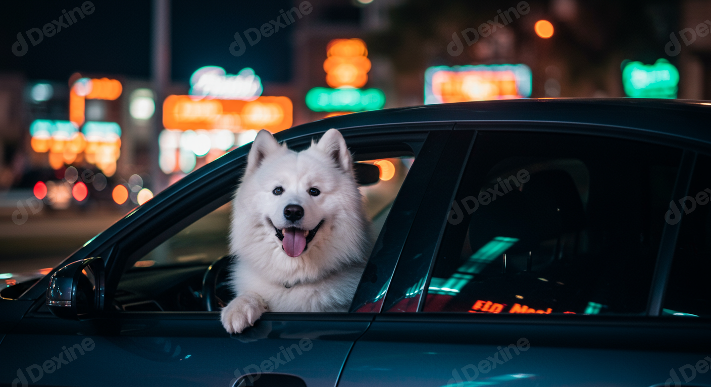 Happy White Dog Enjoying A Night Car Ride In The City