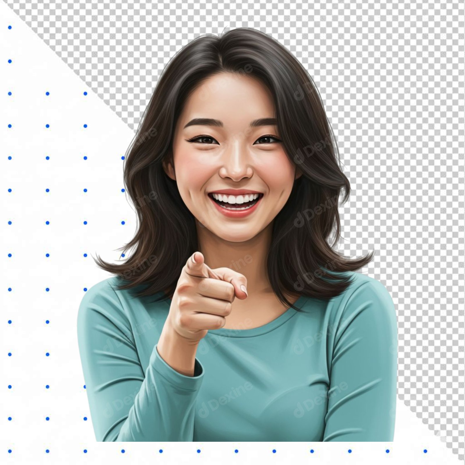 Happy Young Asian Woman Pointing Finger Isolated Transparent PNG