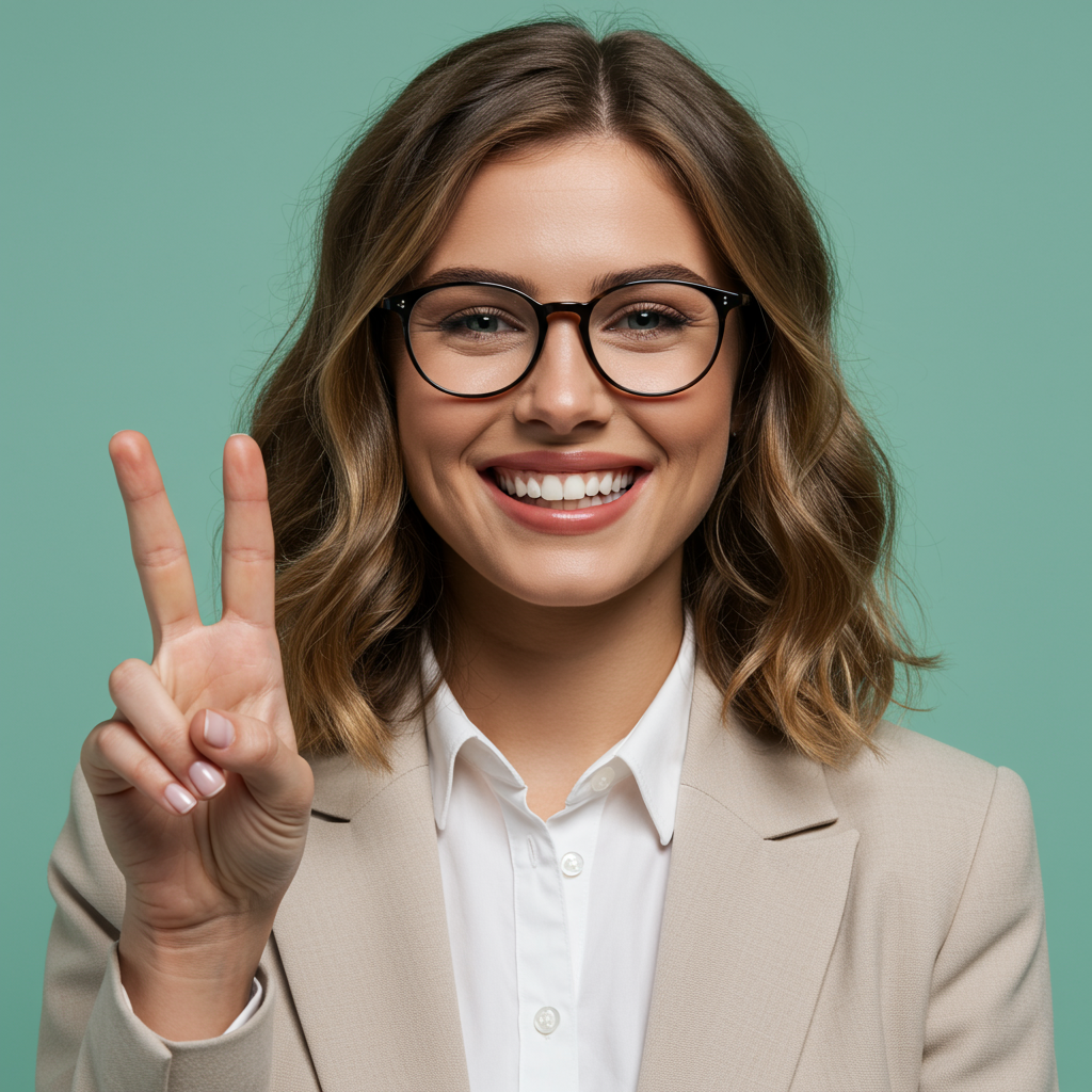 Happy Young Businesswoman In Glasses Showing Peace Sign Portrait