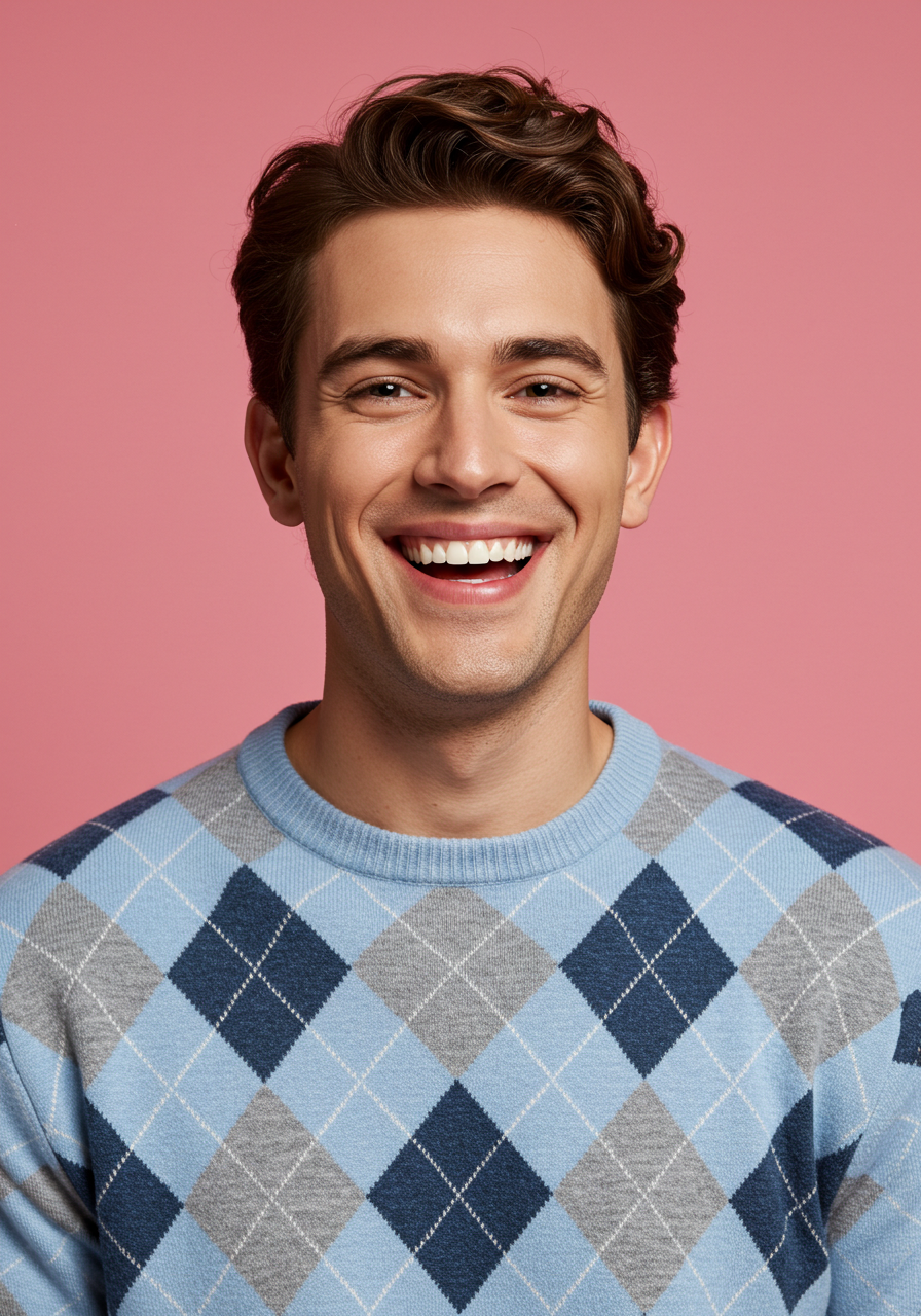 Happy Young Man Smiling Broadly In Stylish Argyle Sweater