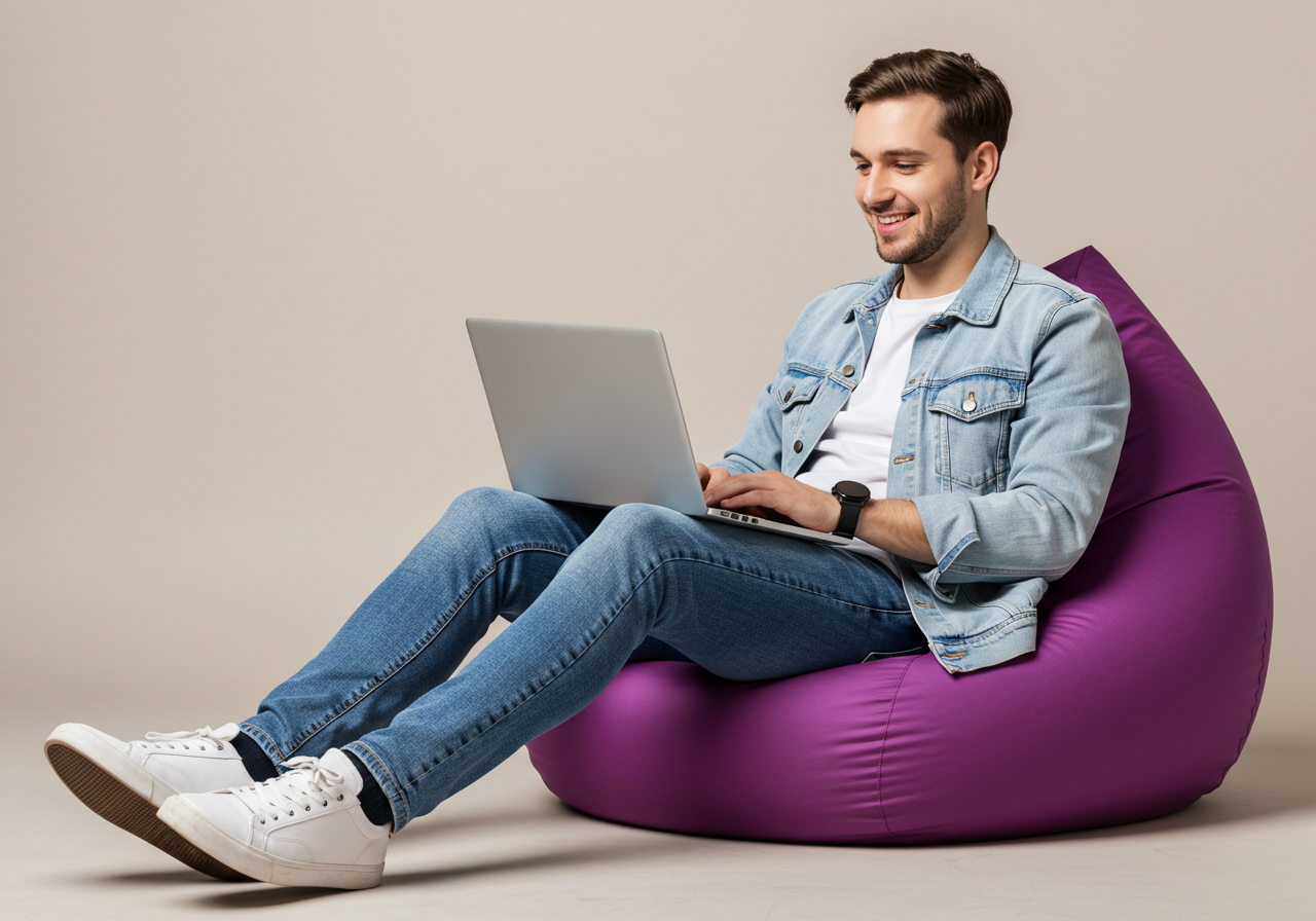 Happy Young Man Working On Laptop From Comfortable Bean Bag Chair