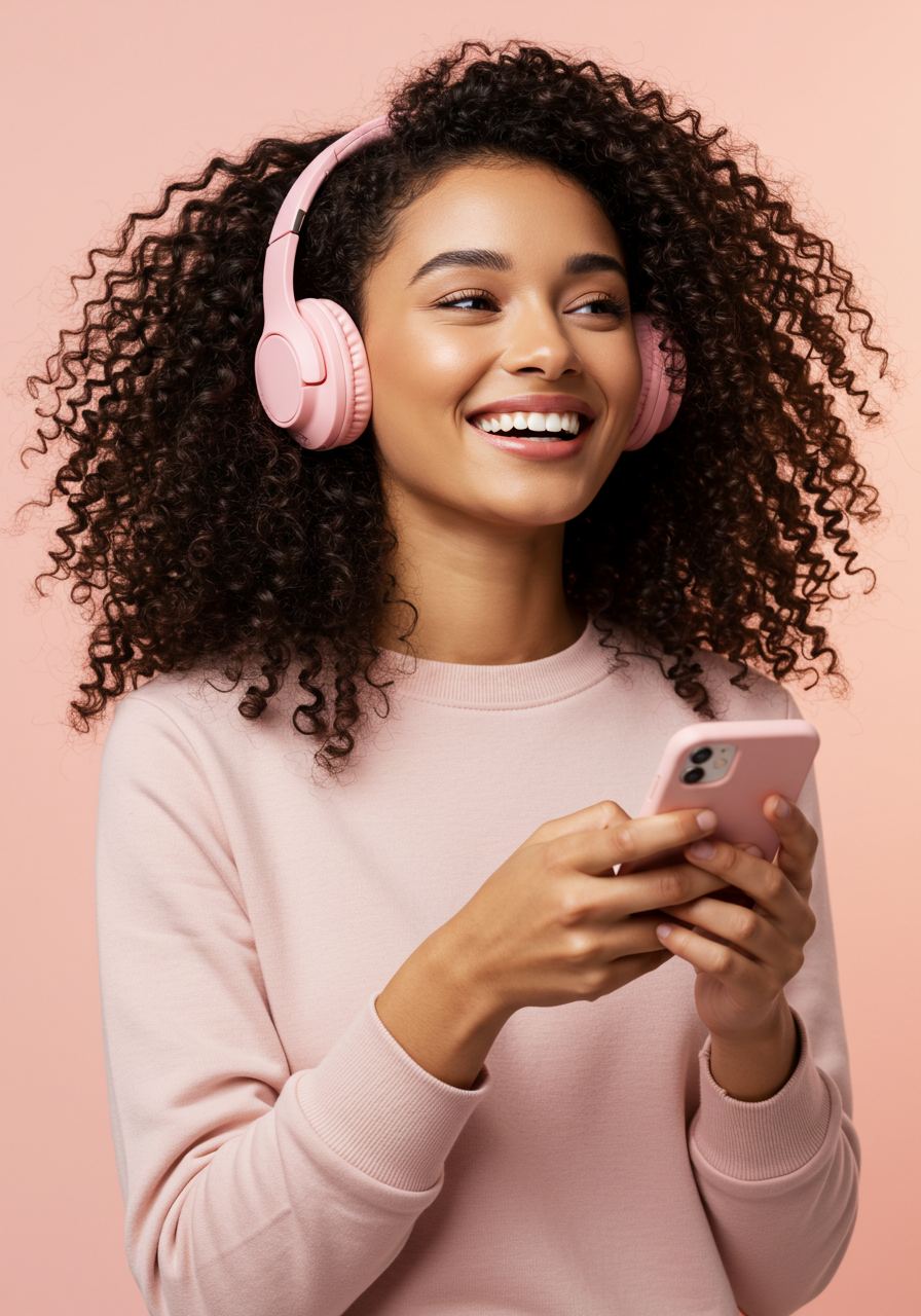 Happy Young Woman Listening To Music On Pink Headphones And Phone