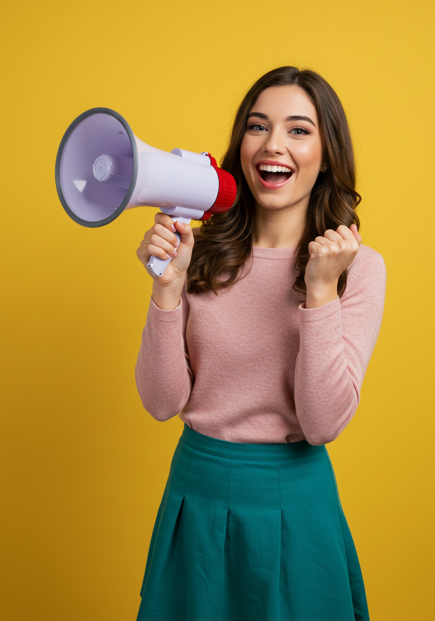 Happy Young Woman Shouting With Megaphone On Yellow Background