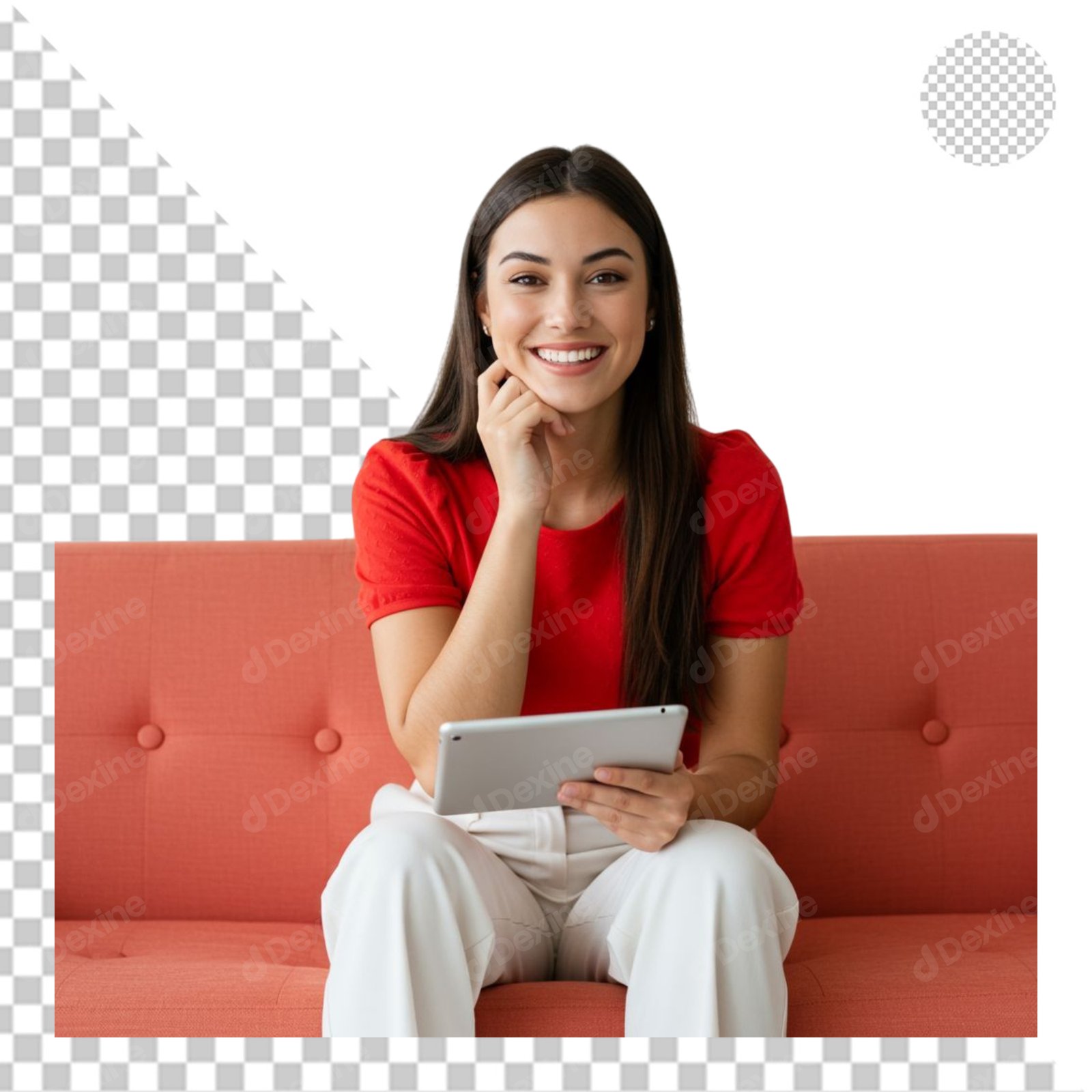 Happy Young Woman Sitting On Couch Using Tablet Transparent Cutout
