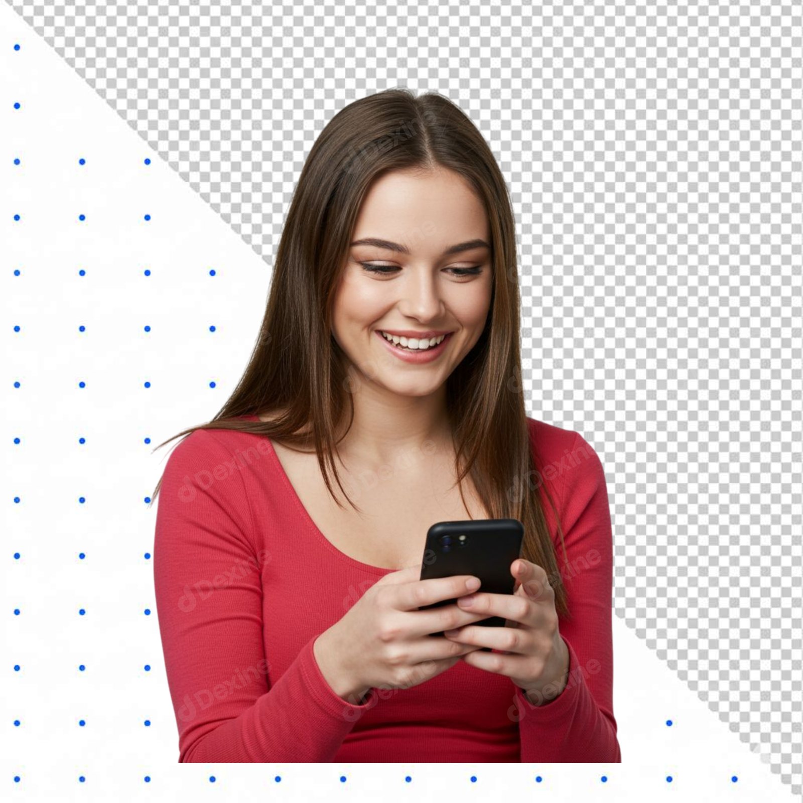 Happy Young Woman Smiling Using Smartphone Isolated Transparent PNG