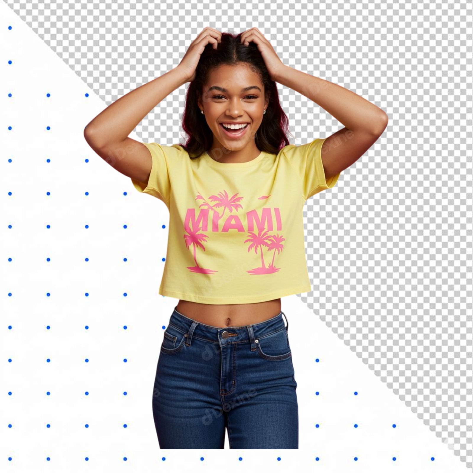 Happy Young Woman In Miami Crop Top Isolated With Transparent Background