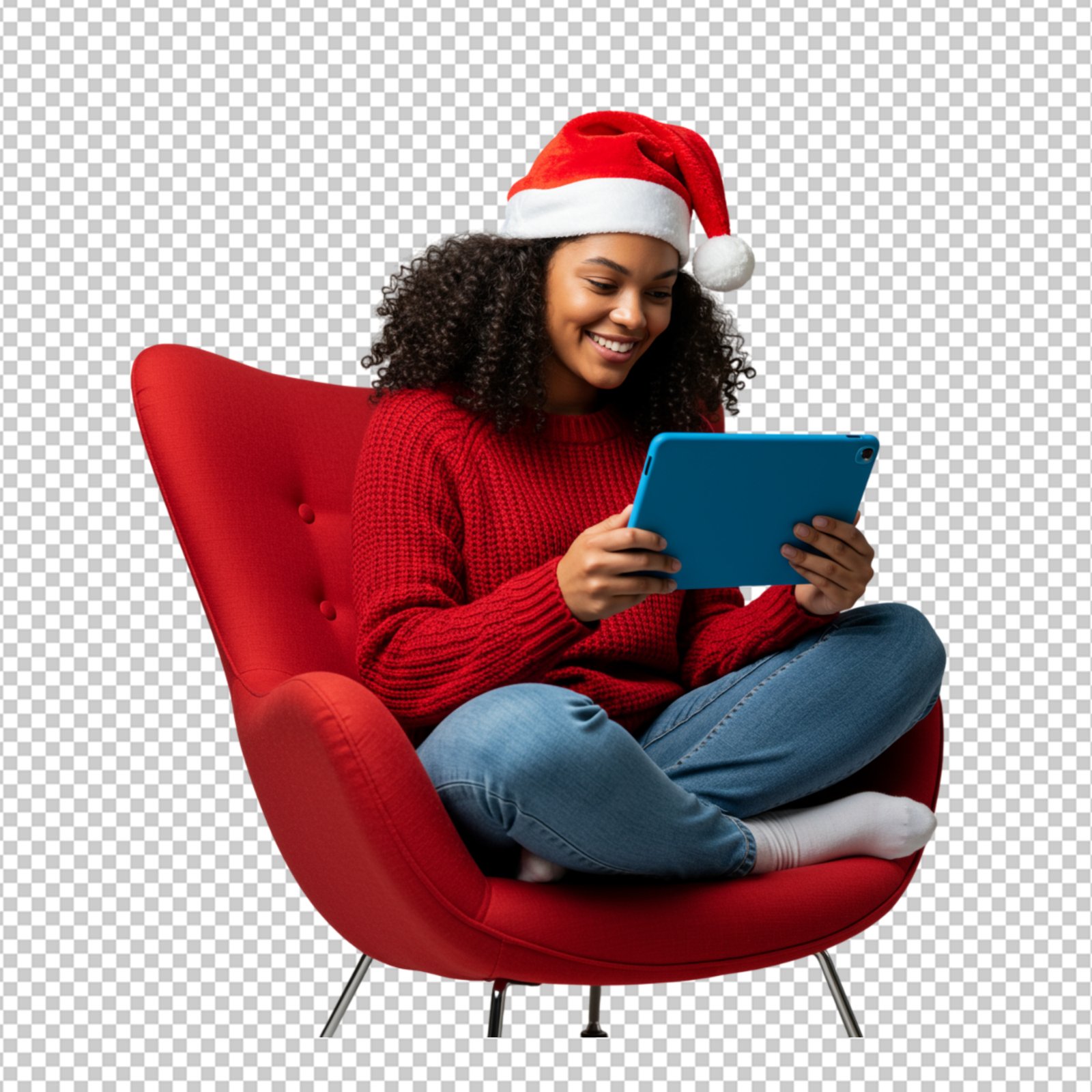 Happy Young Woman In Santa Hat Using Tablet Christmas Transparent PNG