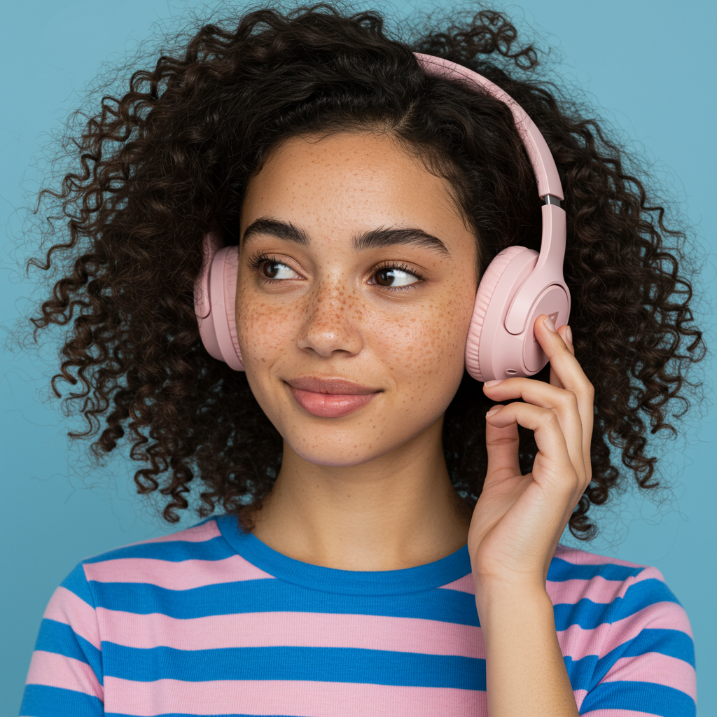 Happy Young Woman With Curly Hair Listening To Music With Pink Headphones