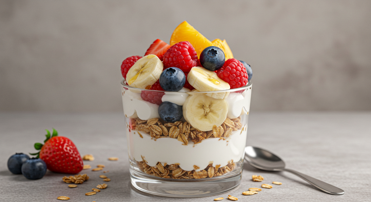 Healthy Fruit Yogurt Parfait With Granola And Fresh Berries