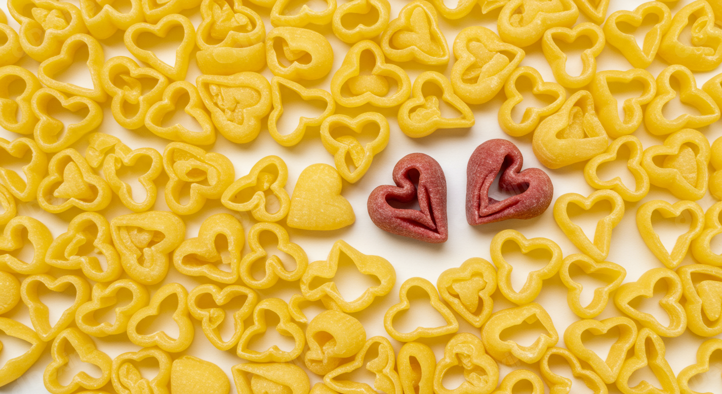 Heart Shaped Pasta With Red Hearts Uncooked Food Background