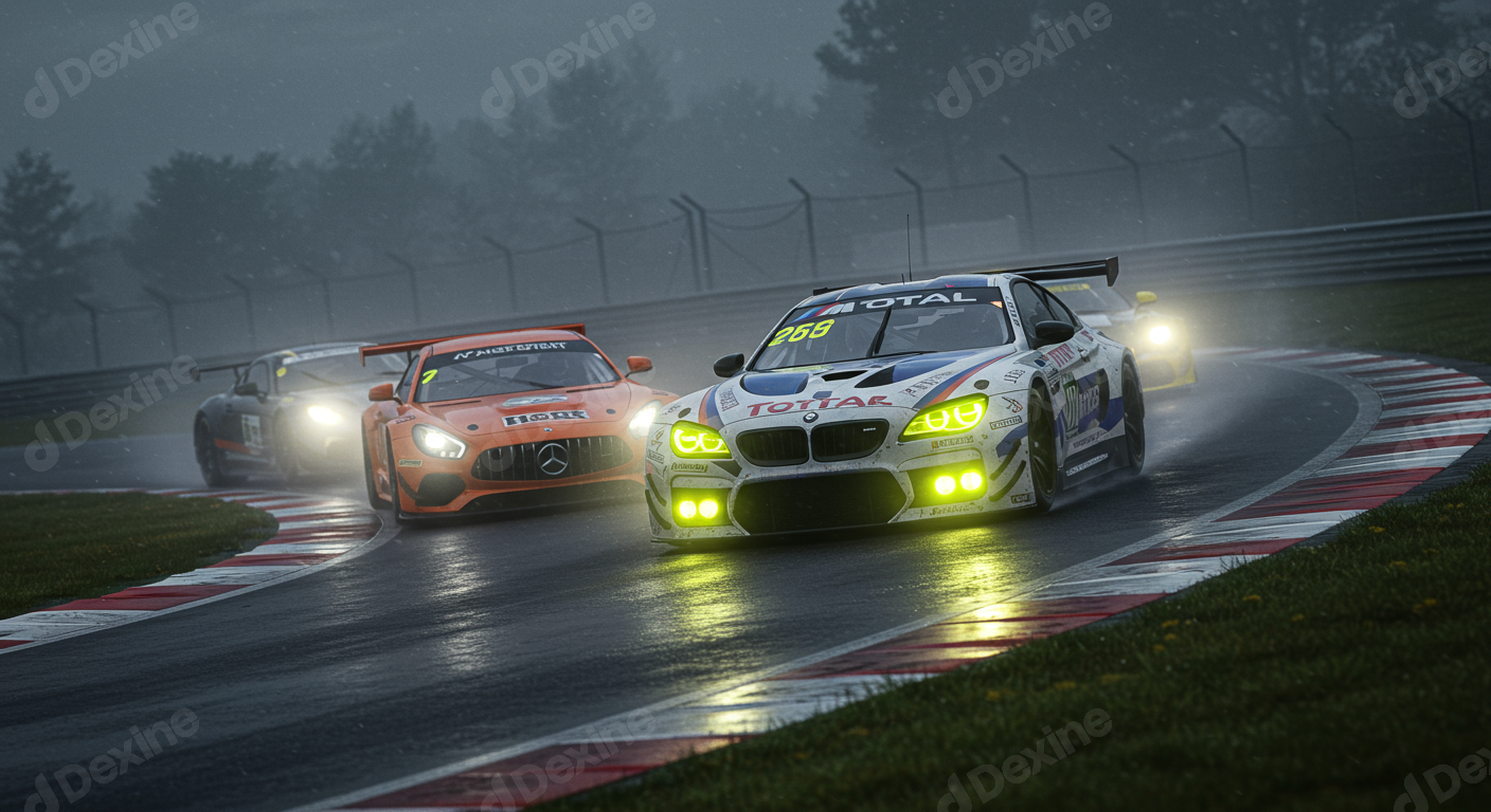 High Speed Race Cars Competing On A Wet Track In Rainy Conditions