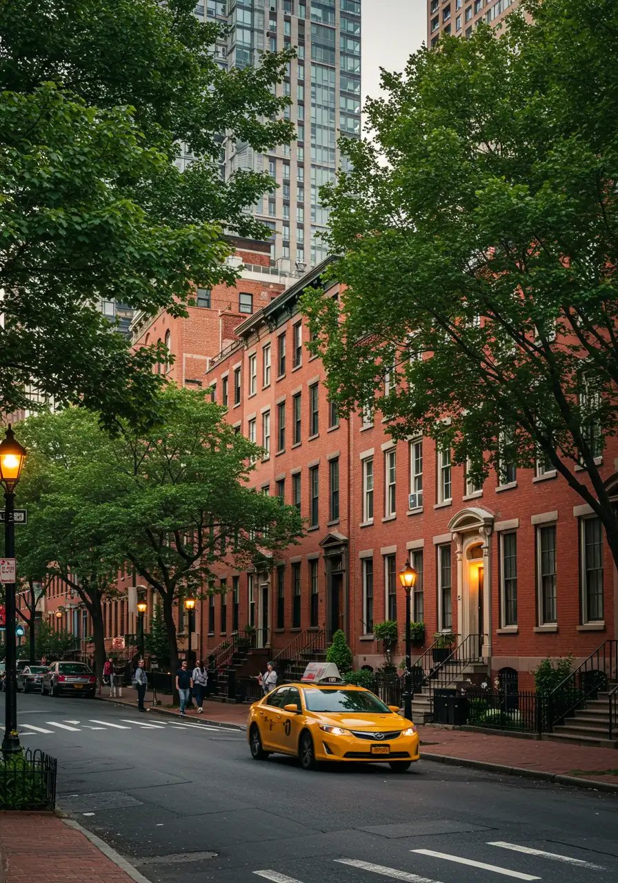 Historic City Street With Brick Row Houses Trees And Yellow Taxi