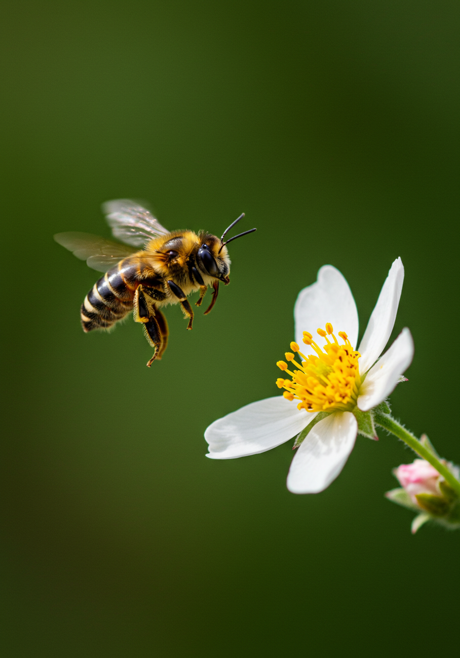 Honey Bee In Flight Approaching White Flower For Pollination