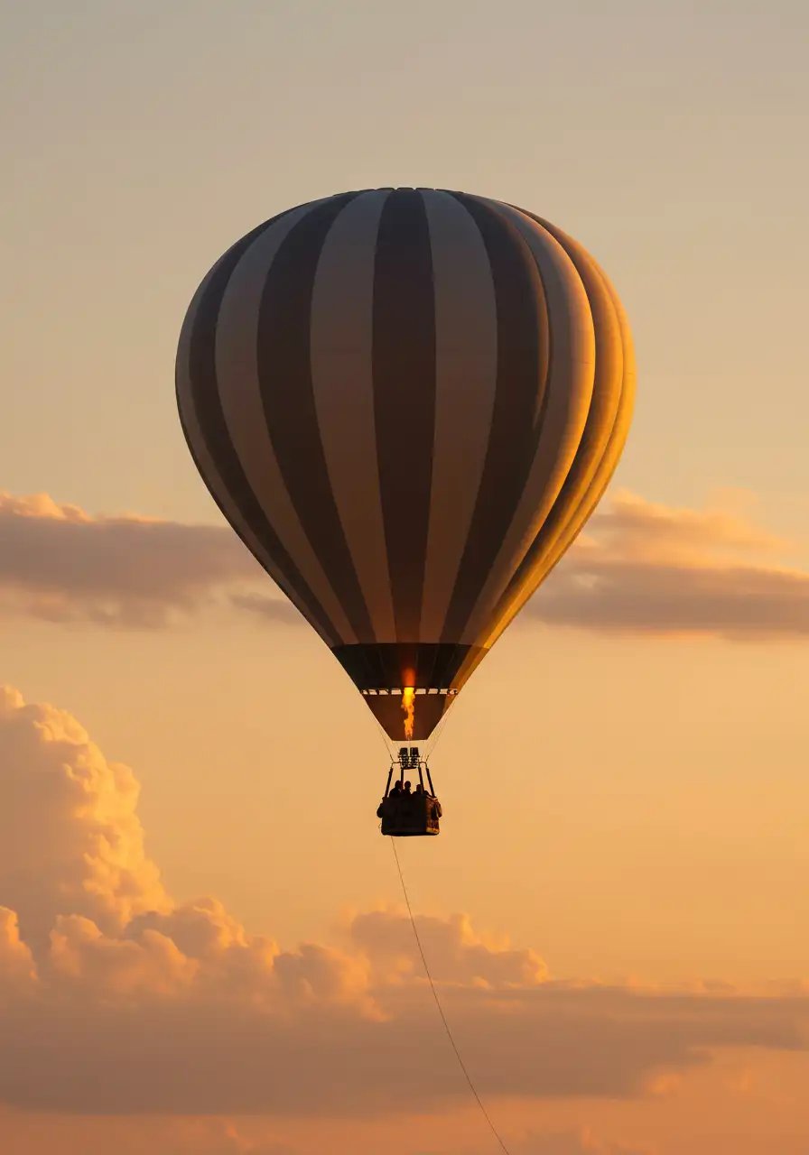 Hot Air Balloon At Golden Hour Over A Cloudy Sky
