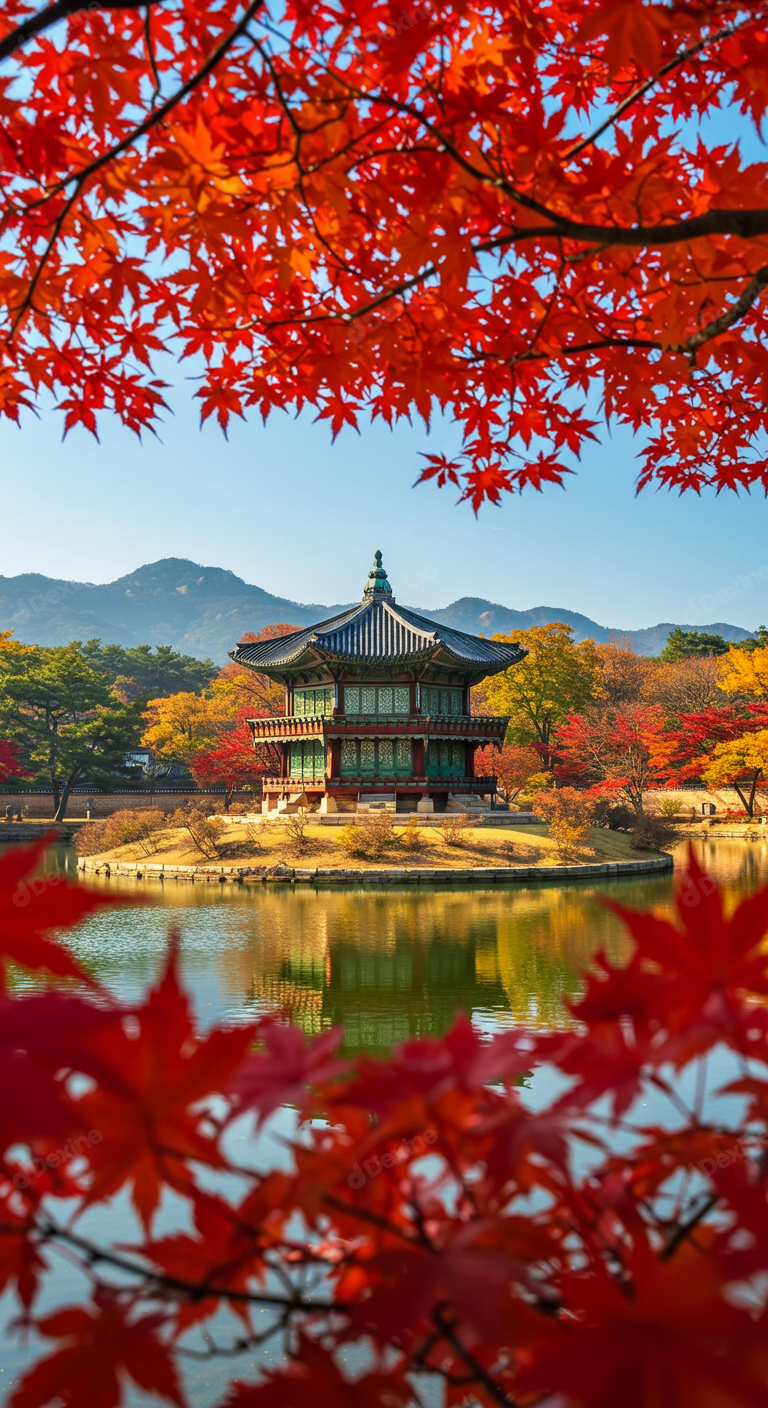 Hyangwonjeong Pavilion Gyeongbokgung Palace Amidst Vibrant Autumn Maple Leaves