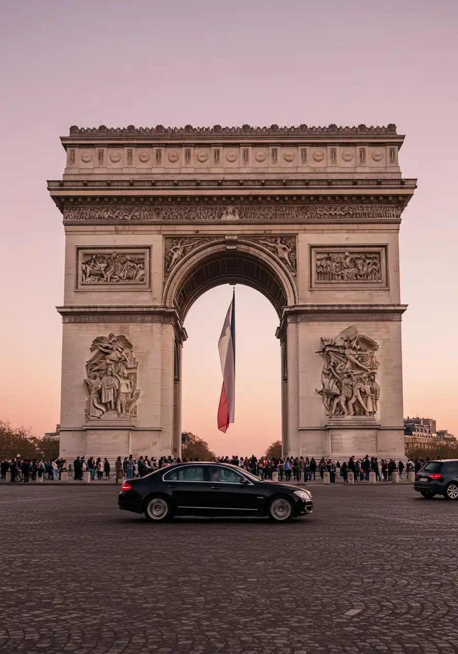 Iconic Arc De Triomphe In Paris At Sunset With French Flag