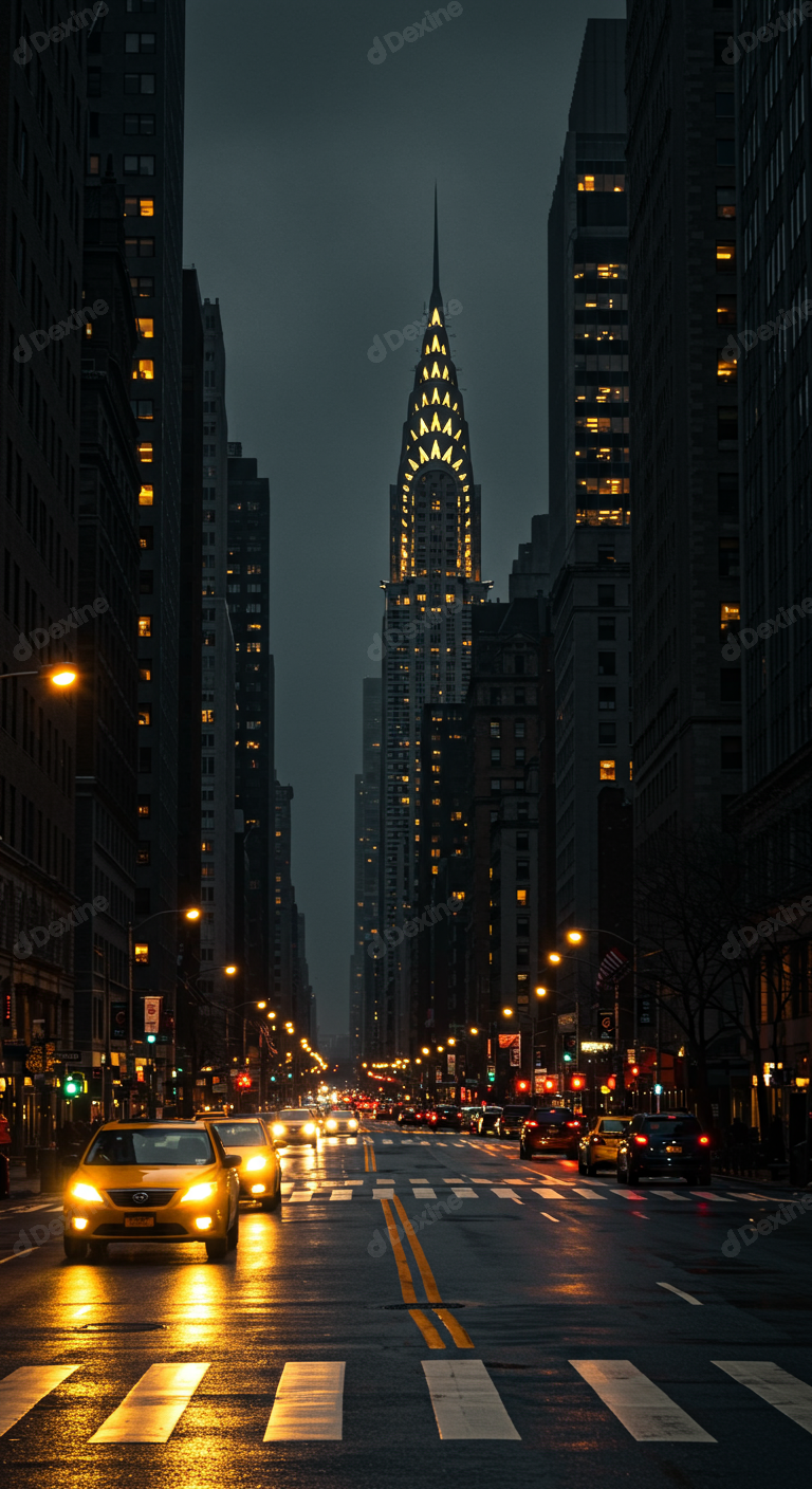 Iconic Chrysler Building Towering Over Busy New York City Street At Night