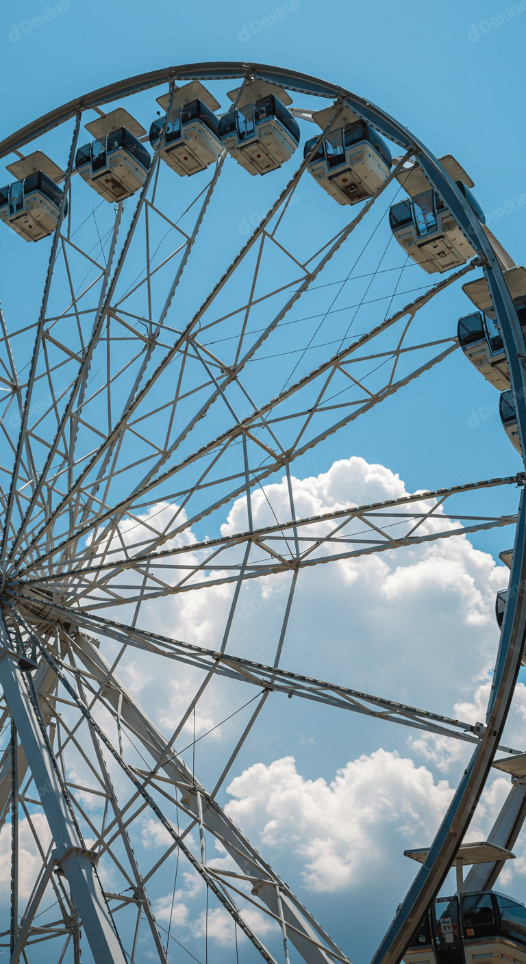Iconic Ferris Wheel Against Bright Blue Sky With White Clouds