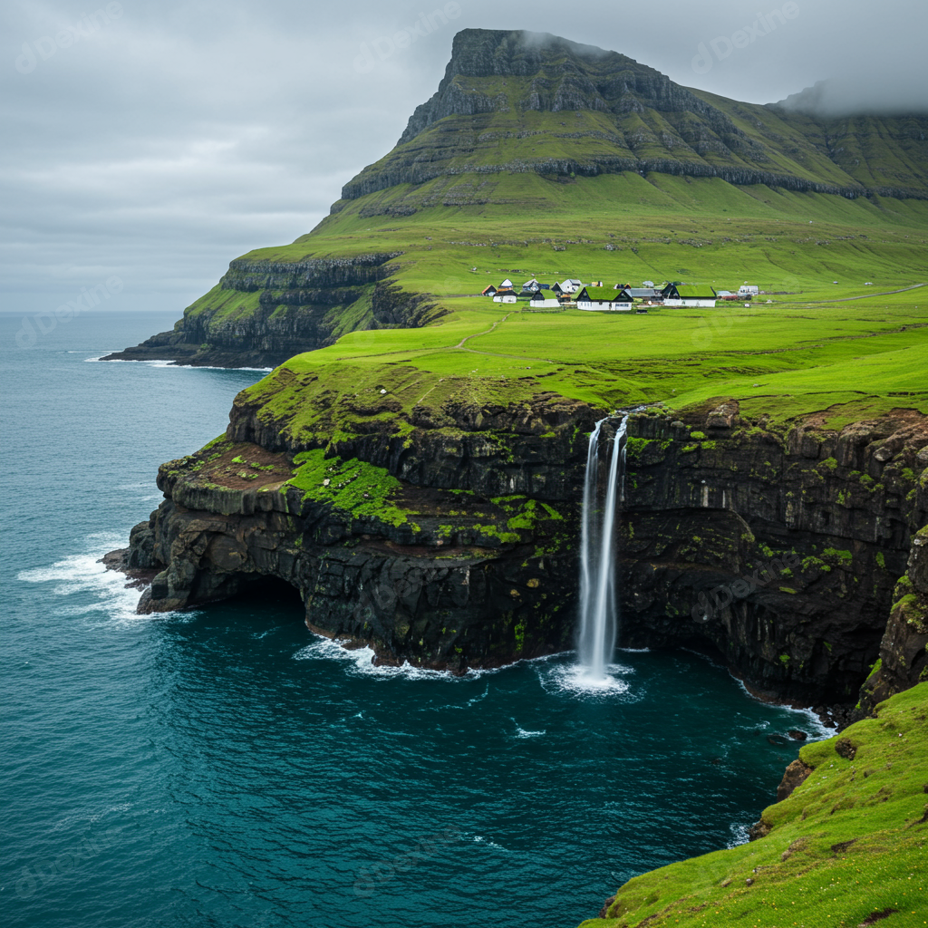 Iconic Gásadalur Waterfall Plunging Into Ocean From Green Cliffs