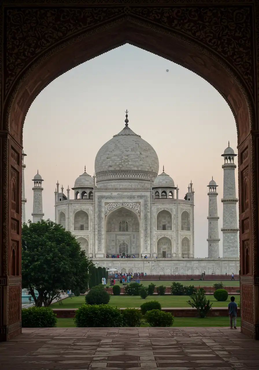 Iconic Taj Mahal Viewed Through Ornate Archway In Agra India